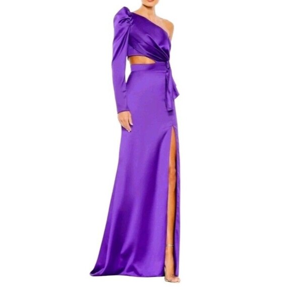 Mac Duggal Maxi Dress Women 14 Purple Leena Puff One Sleeve Side Knot Polyester - Picture 1 of 14